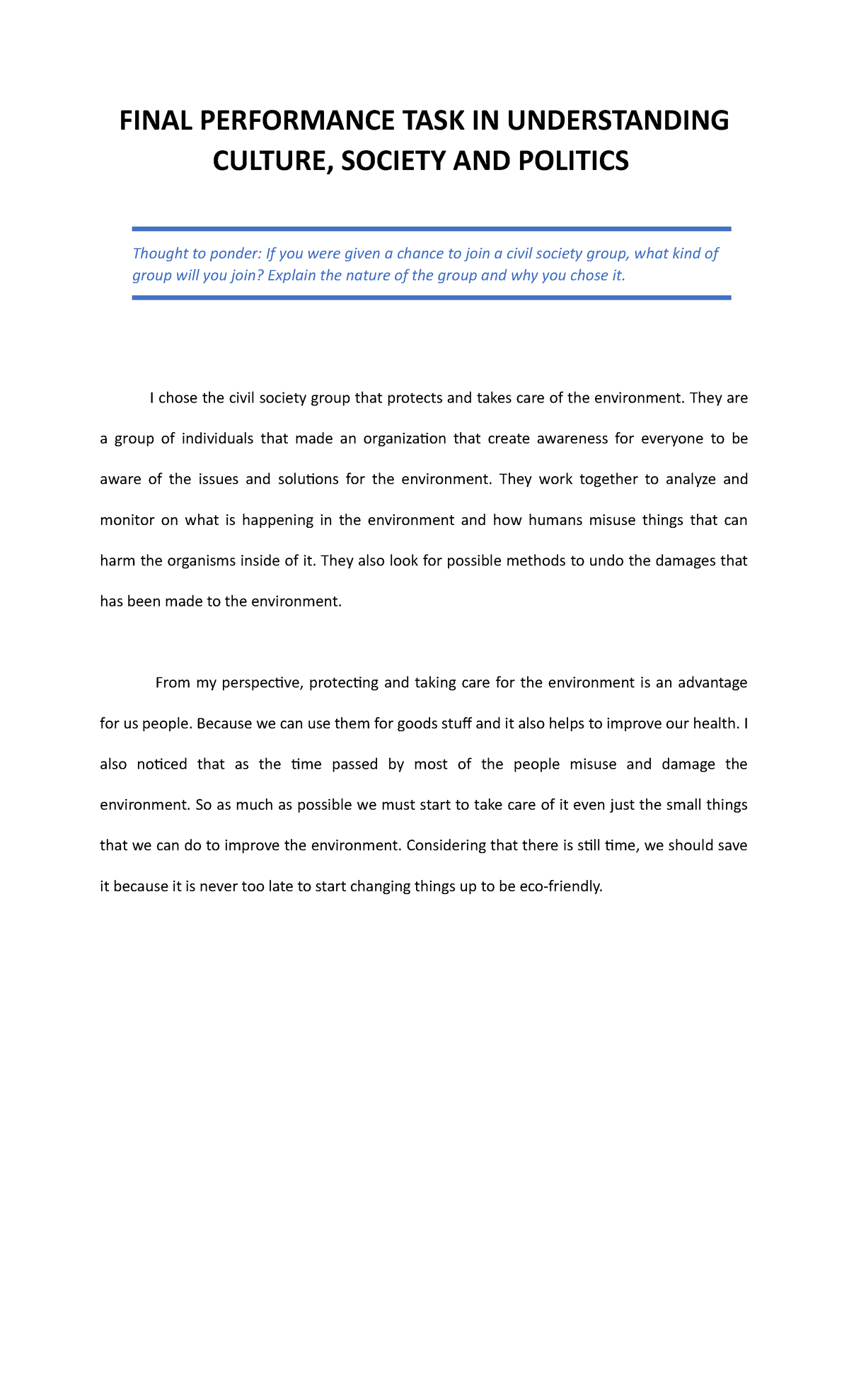 UCSP - Final Performance Task: Addressing Environmental Issues - Studocu