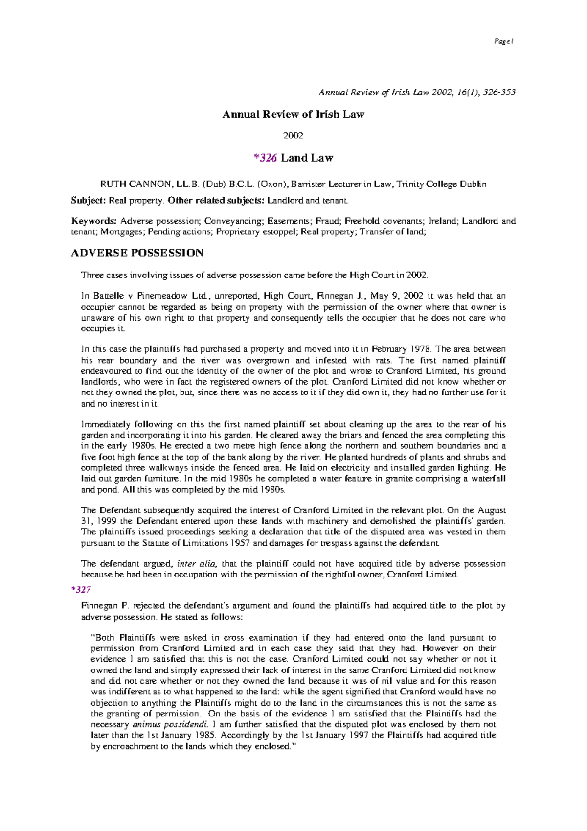 2002 Annual Review of Irish Law: Estoppel and Adverse Possession Cases ...