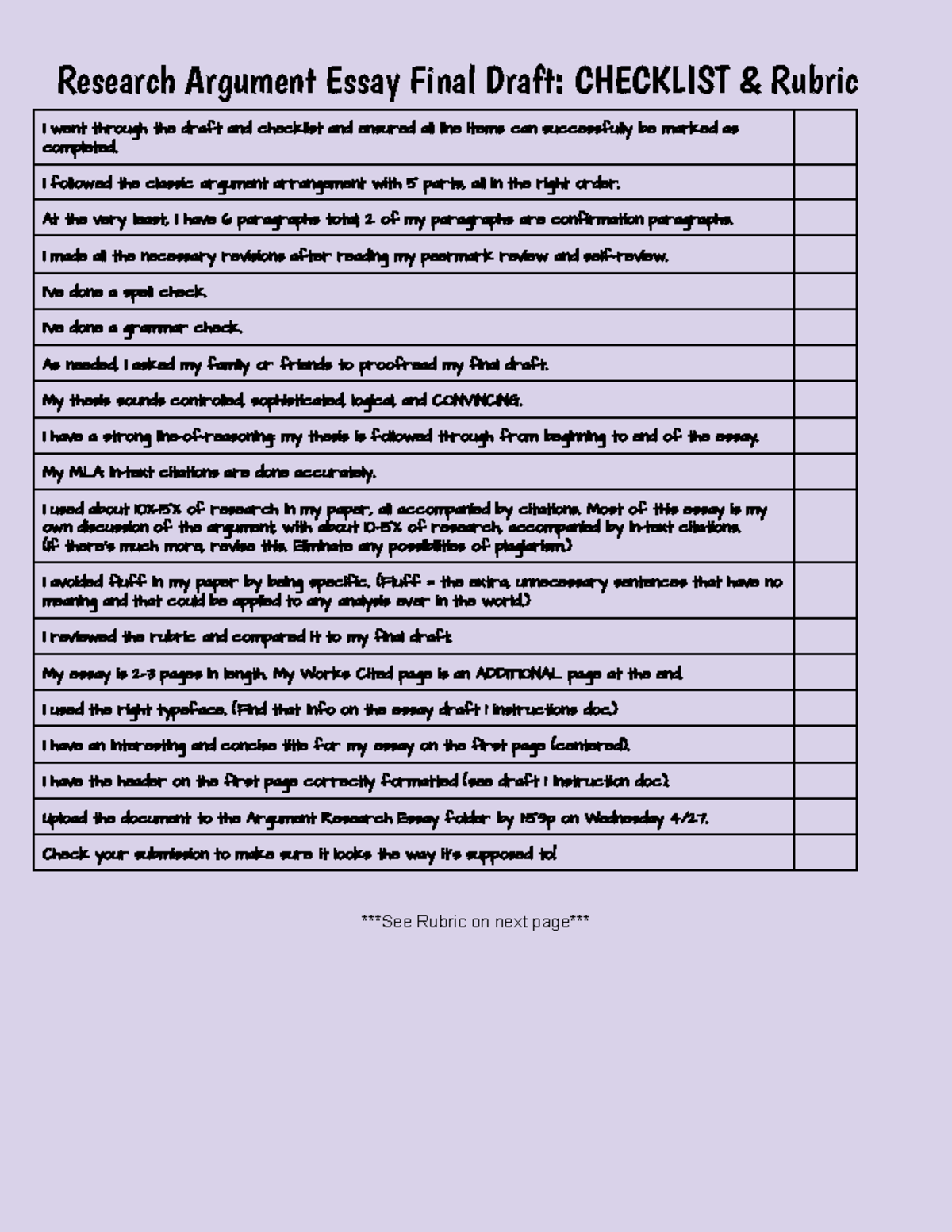 Research Argument Essay Final Draft Checklist & Rubric - Research ...