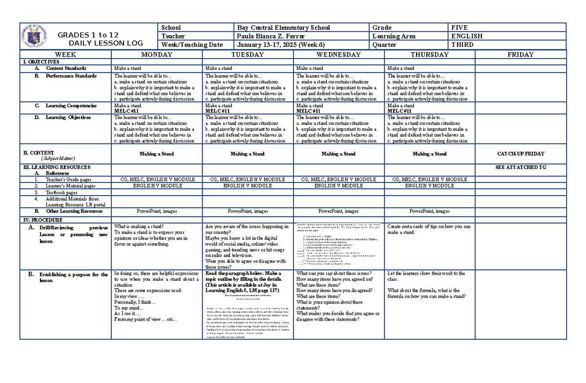 DLL W6 Q3 English 5 - GRADES 1 to 12 DAILY LESSON LOG School Bay ...