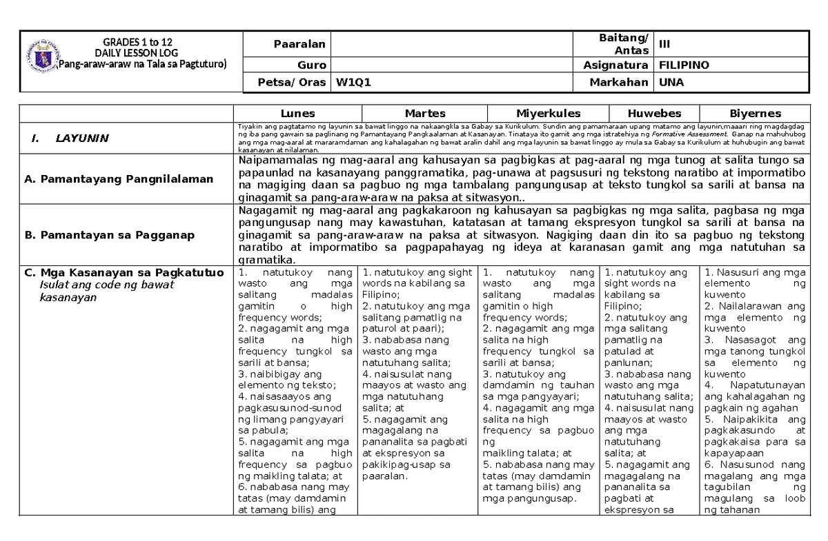 MATATAG K to 10 Curriculum Language DLL 1 Q1 W2 Lesson Log - Studocu