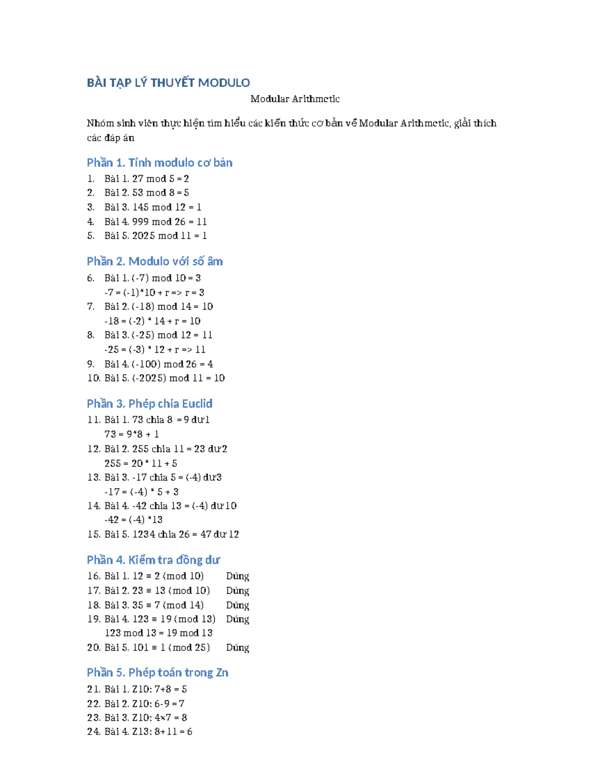 BÀI TẬP LÝ THUYẾT MODULO: Kiến Thức Cơ Bản về Modular Arithmetic - Studocu