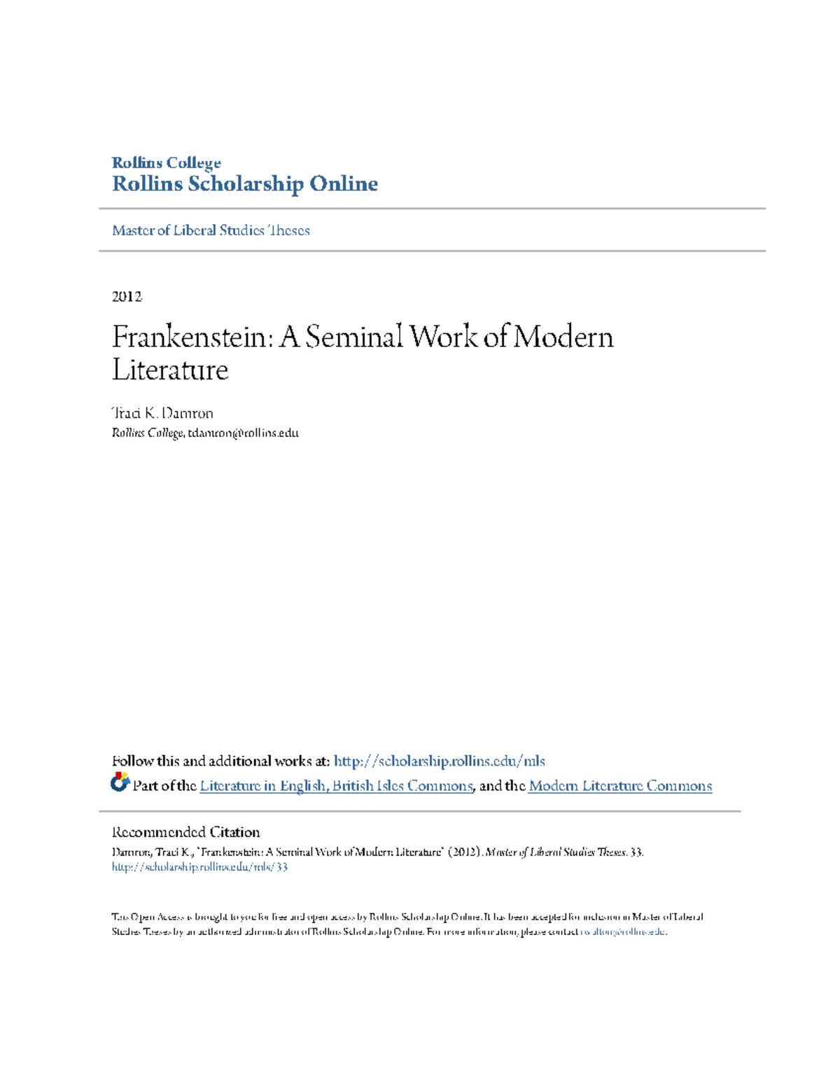 Frankenstein A Seminal Work of Modern Literature - Rollins College ...