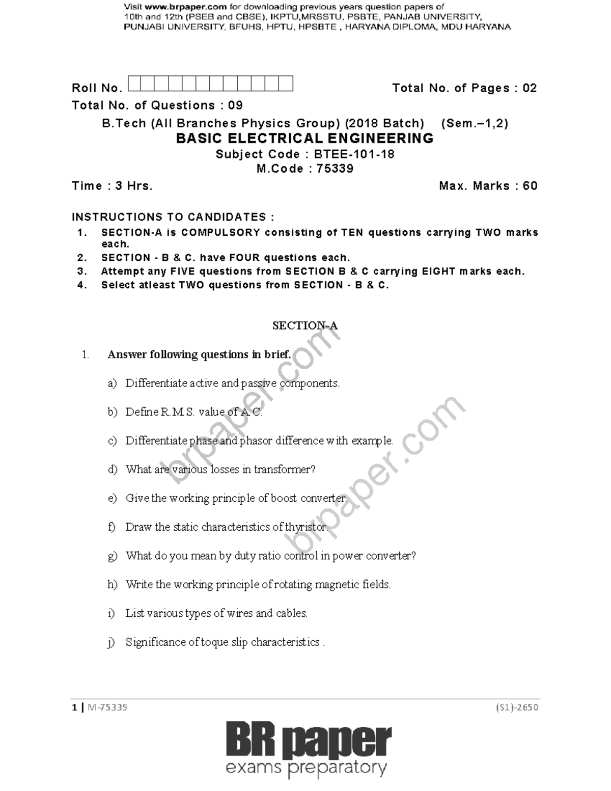 B.Tech BEE (1st-2nd) May 2019 - Previous Year Question Paper - Studocu