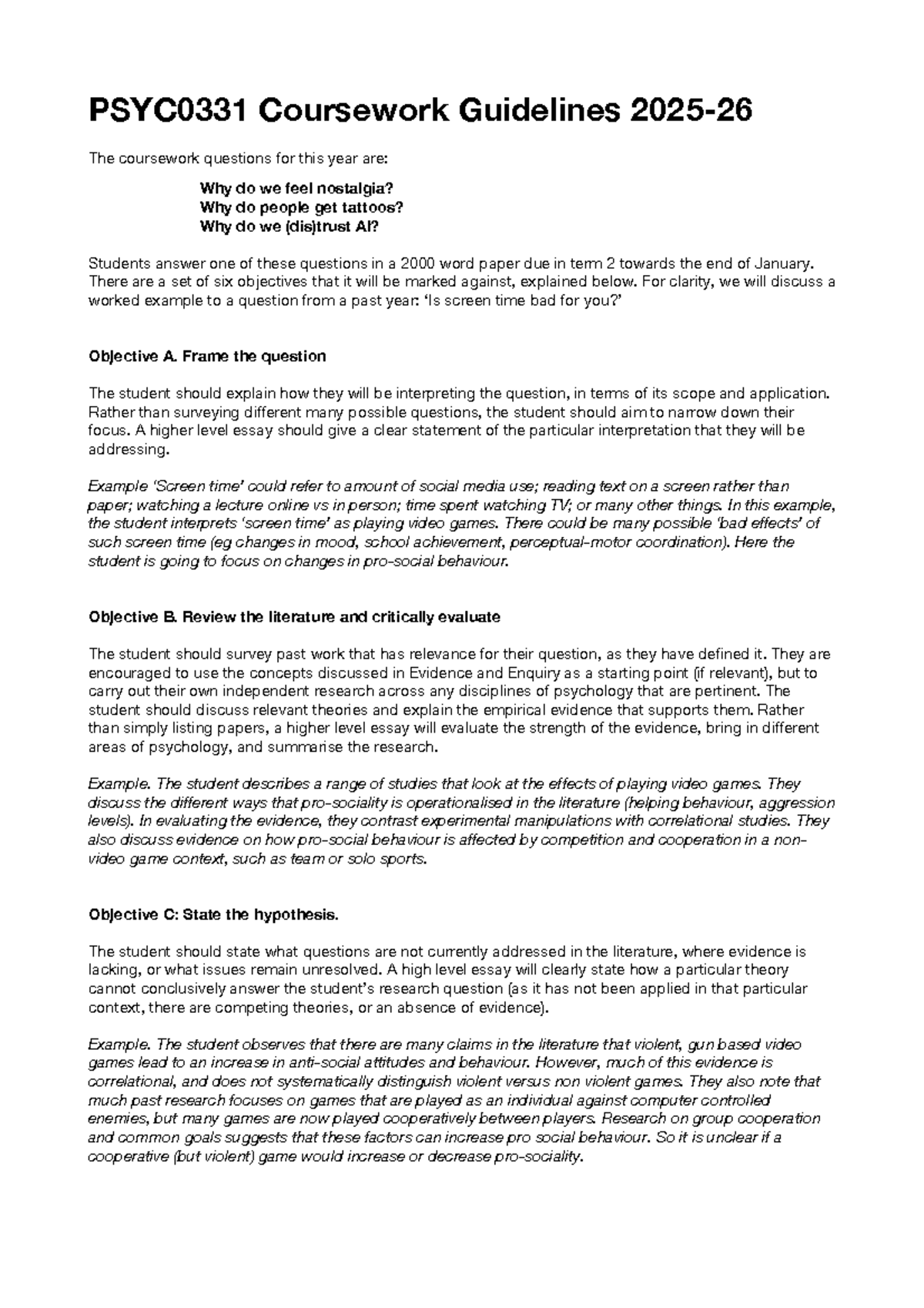 PSYC0331 Coursework Guidelines for 2025: Essay Questions & Objectives ...