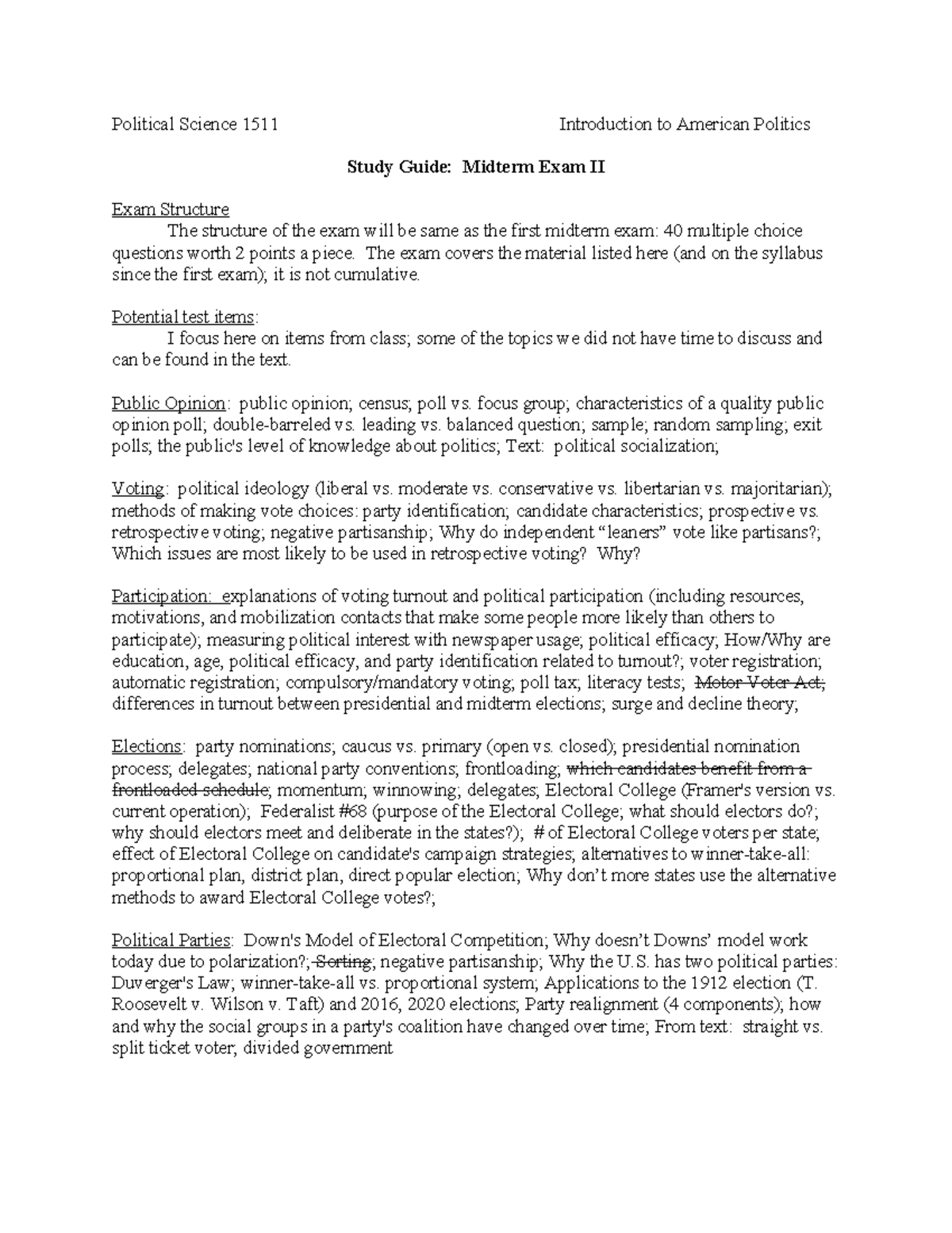 Political Science 1511 Midterm Exam II Study Guide: American Politics ...