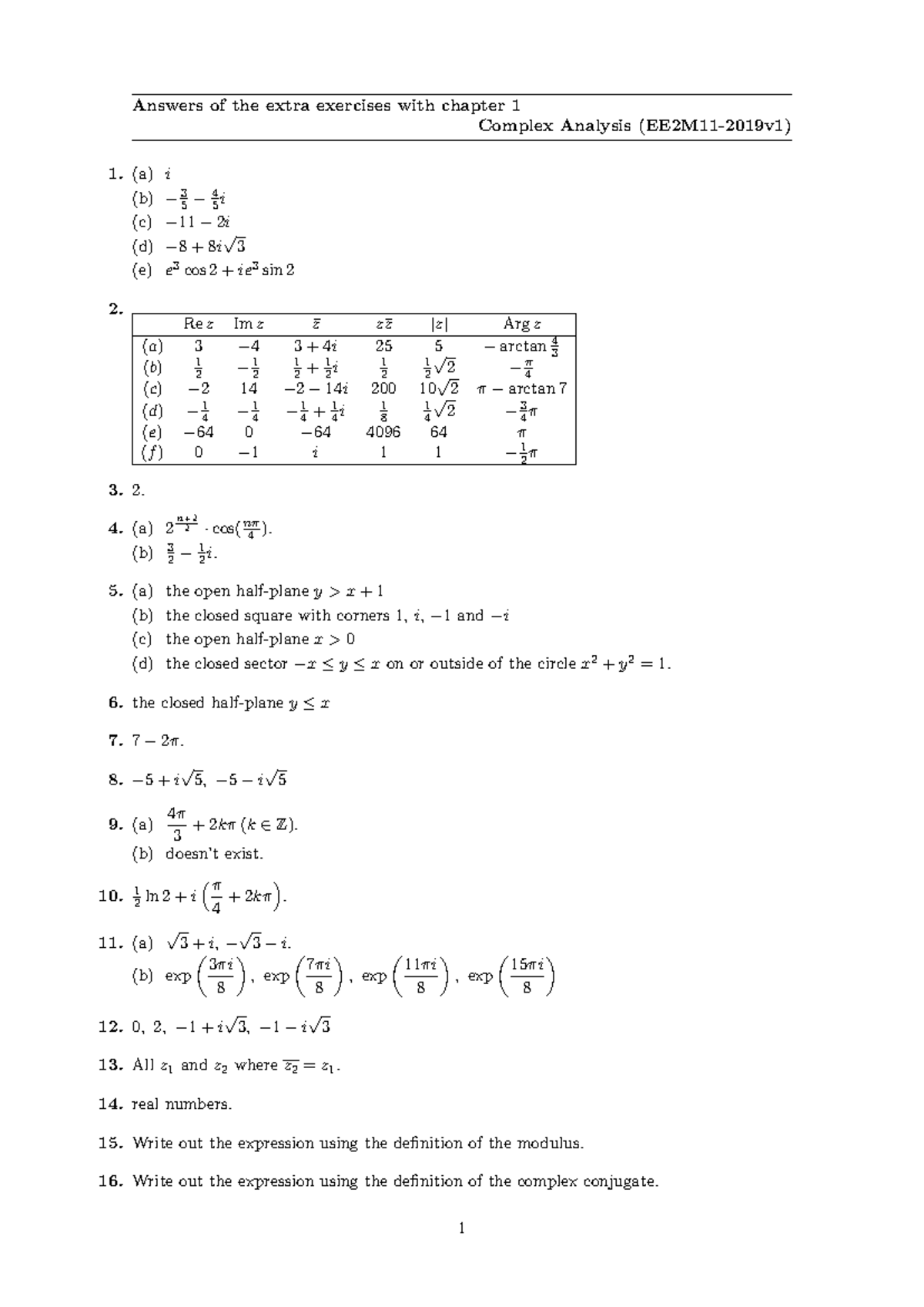 Extra Exercises Answers for Chapter 1 - Complex Analysis 1 - Studeersnel