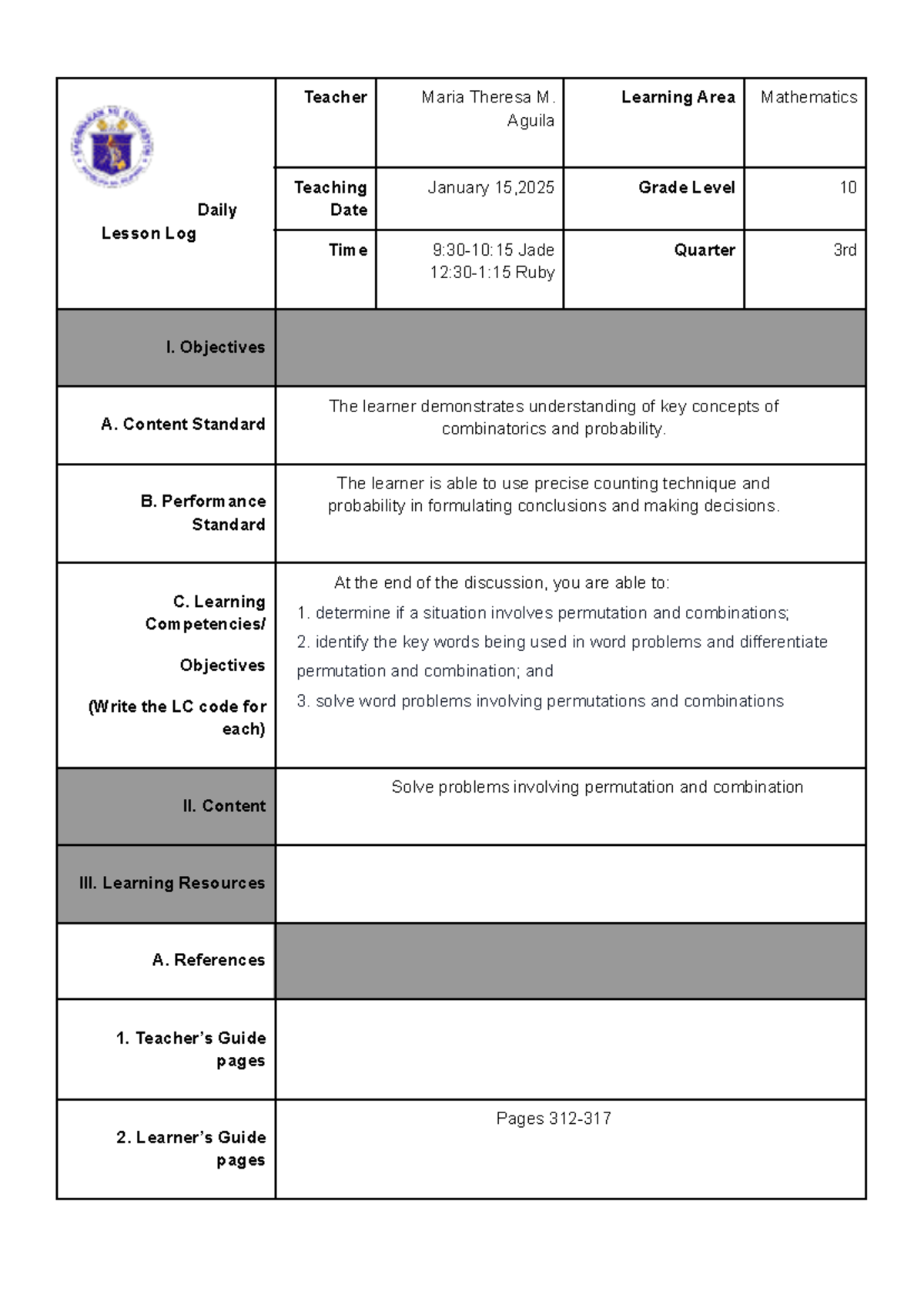 Math Lesson Log: Permutation & Combination for Grade 10 (Q3) - Studocu