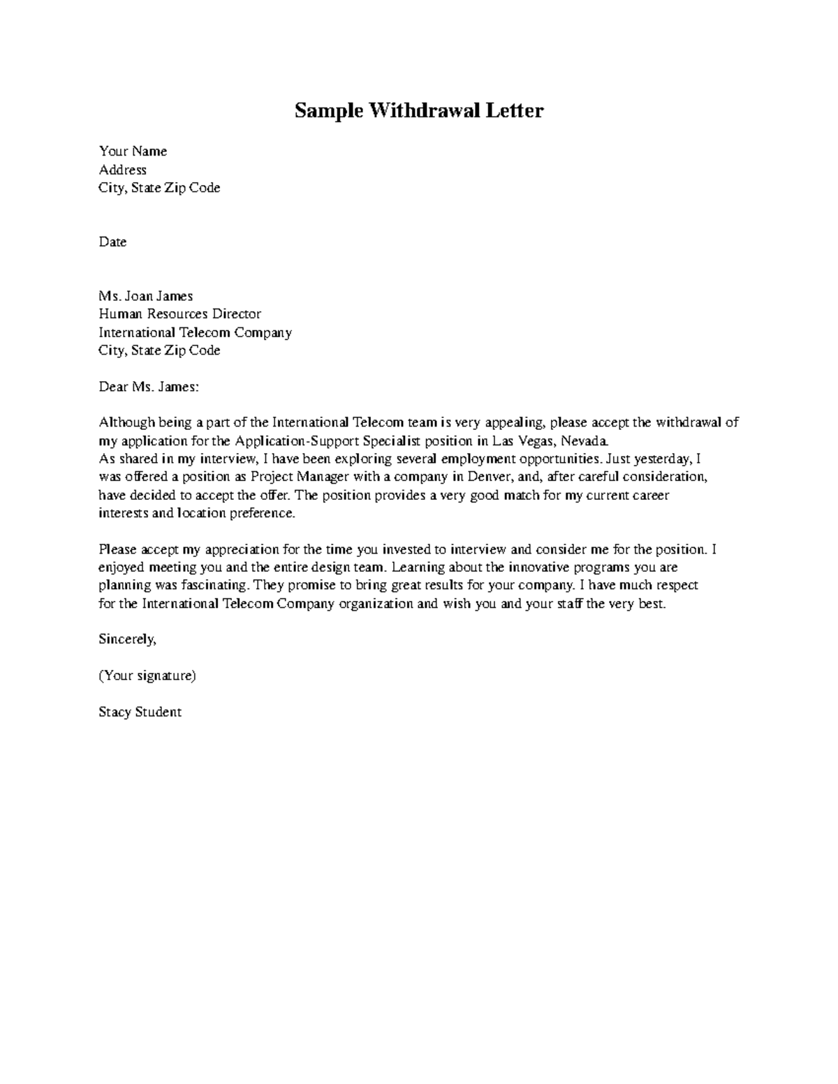 Sample Withdrawal Letter 1 - Introduction to psychoogy - AAU - Studocu
