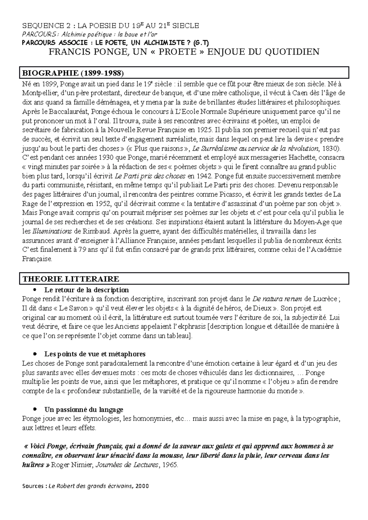 Explication Lineaire Ponge - PARCOURS : Alchimie poétique : la boue et ...