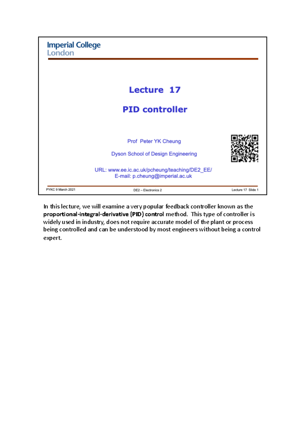 Lecture 17 - Understanding PID Controllers and Their Applications - Studocu
