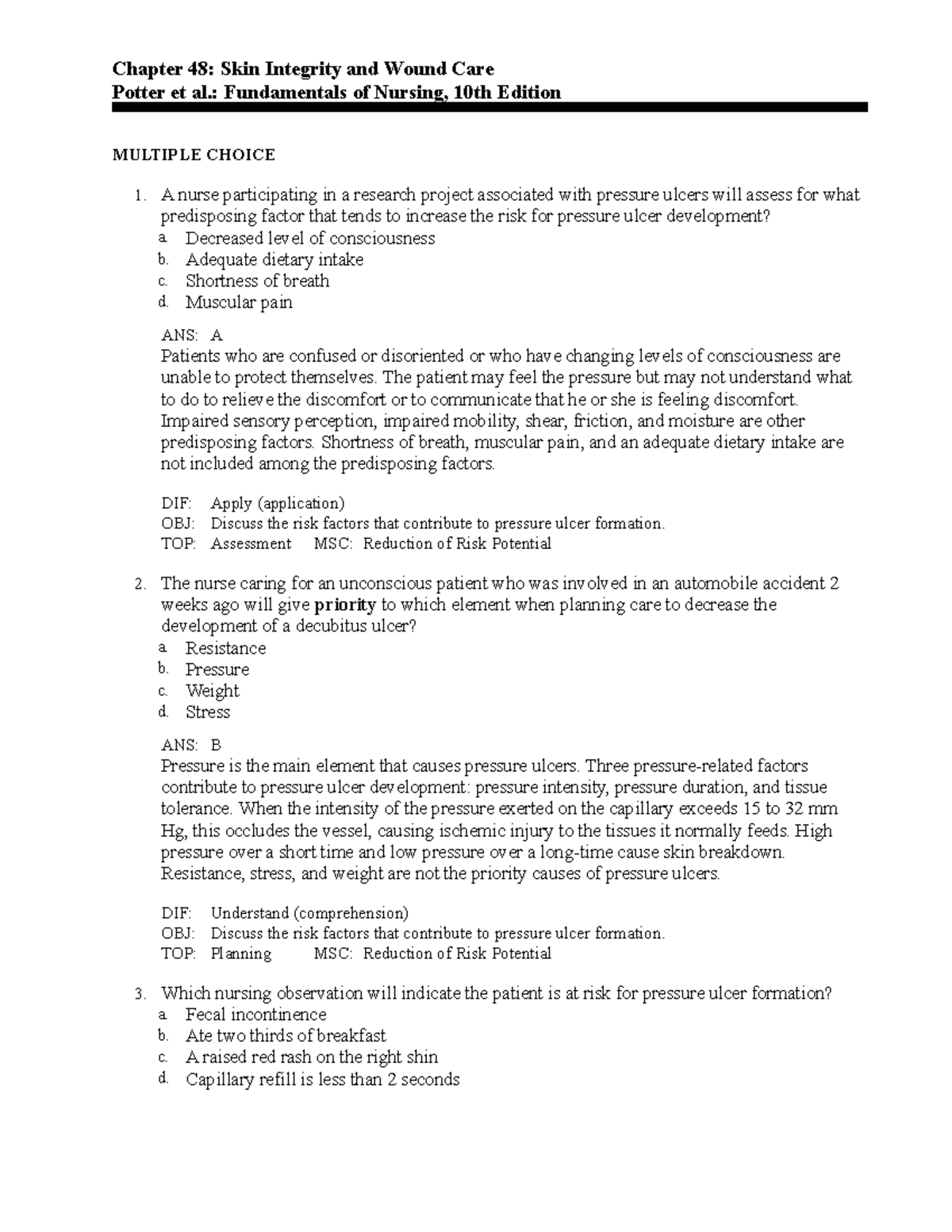 C48: Skin Integrity and Wound Care - Concepts and Assessments - Studocu