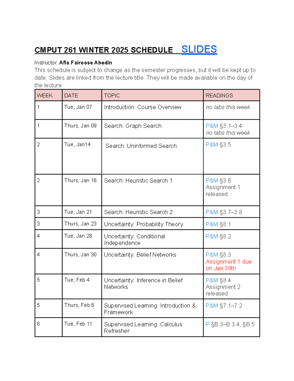 CMPUT 261 Winter 2025 Lecture Schedule and Important Dates - Studocu
