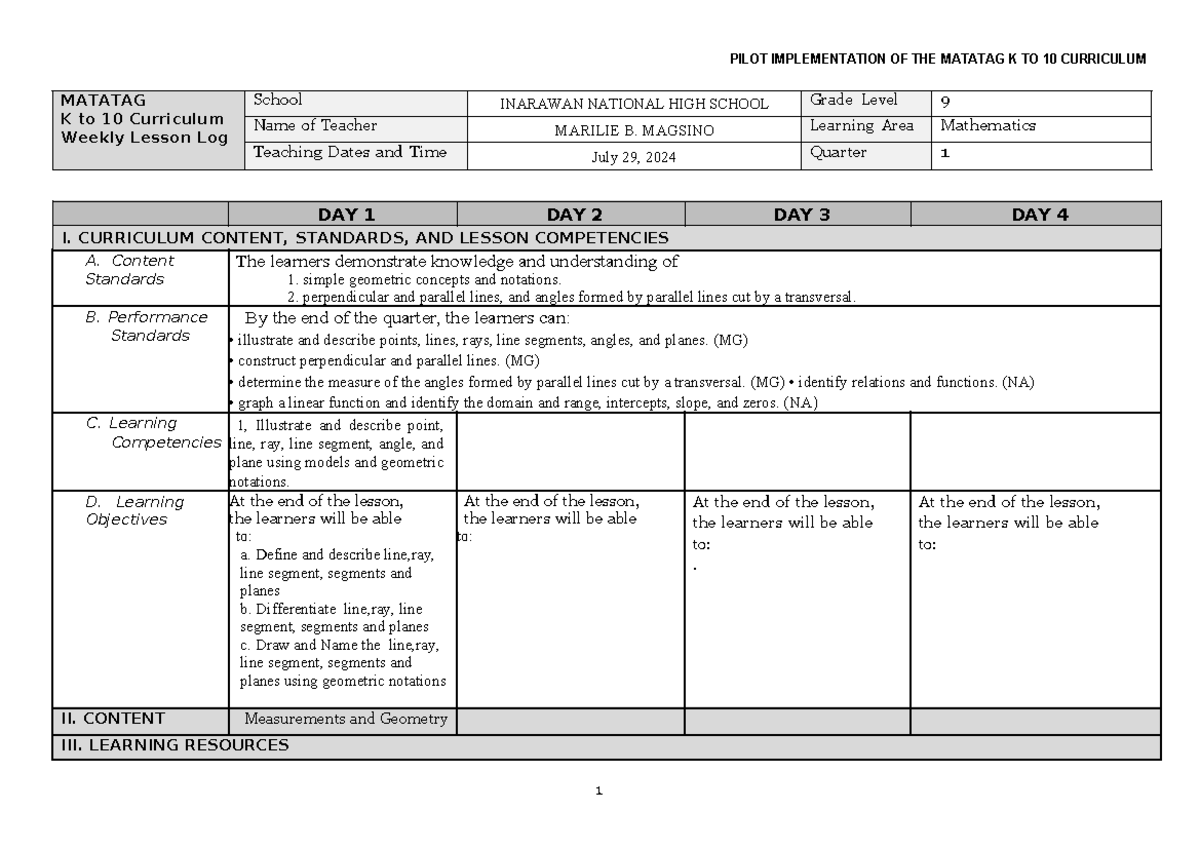 MATH7 Matatag K to 10 Curriculum Lesson Plan Template for Grade 9 - Studocu