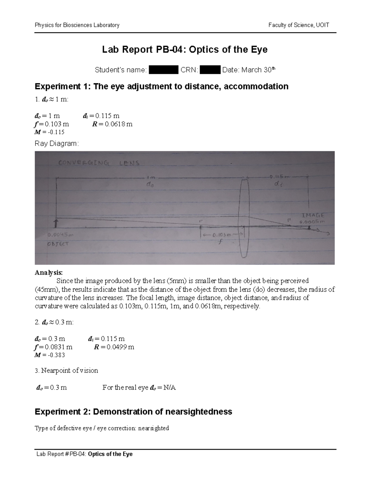 PHY1040 Lab4 Report: Investigating Eye Optics and Lens Behavior - Studocu