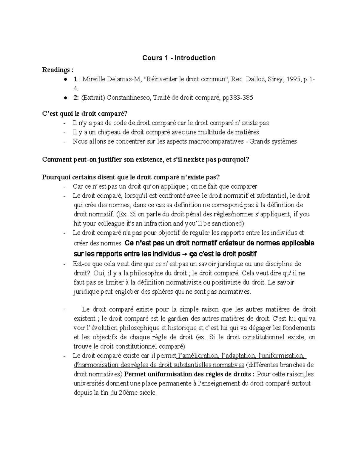 Cours 1 : Introduction au Droit Comparé - Lecture et Réflexions - Studocu