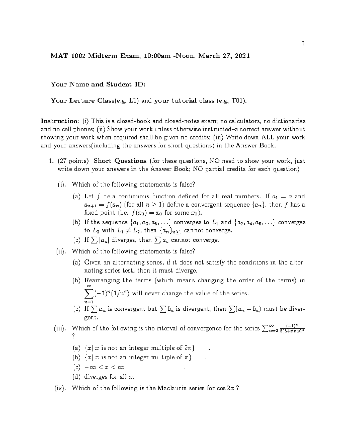 MAT 1002 Midterm exam review notes and practice questions - Studocu
