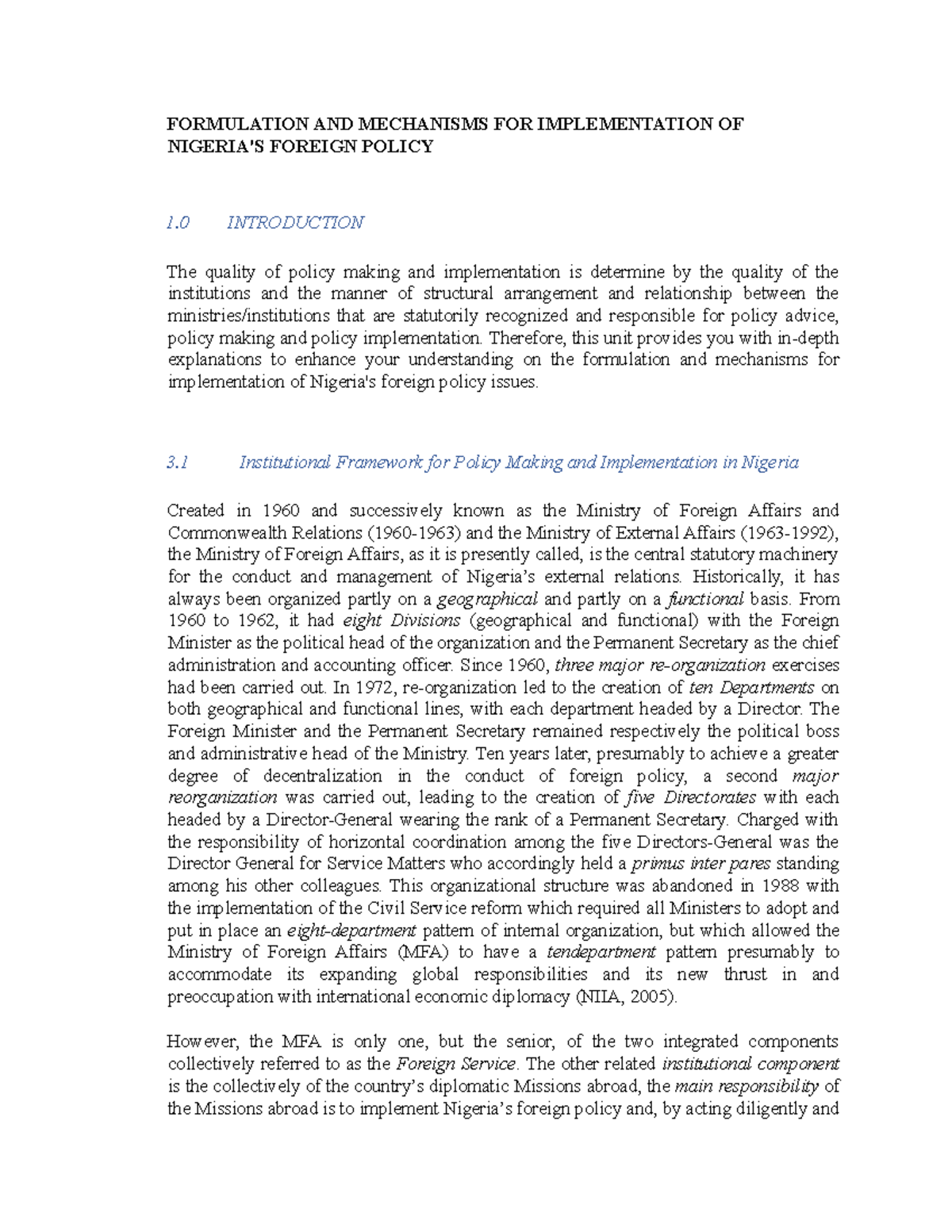 Formulation and Mechanisms for Implementation of Nigeria's Foreign ...