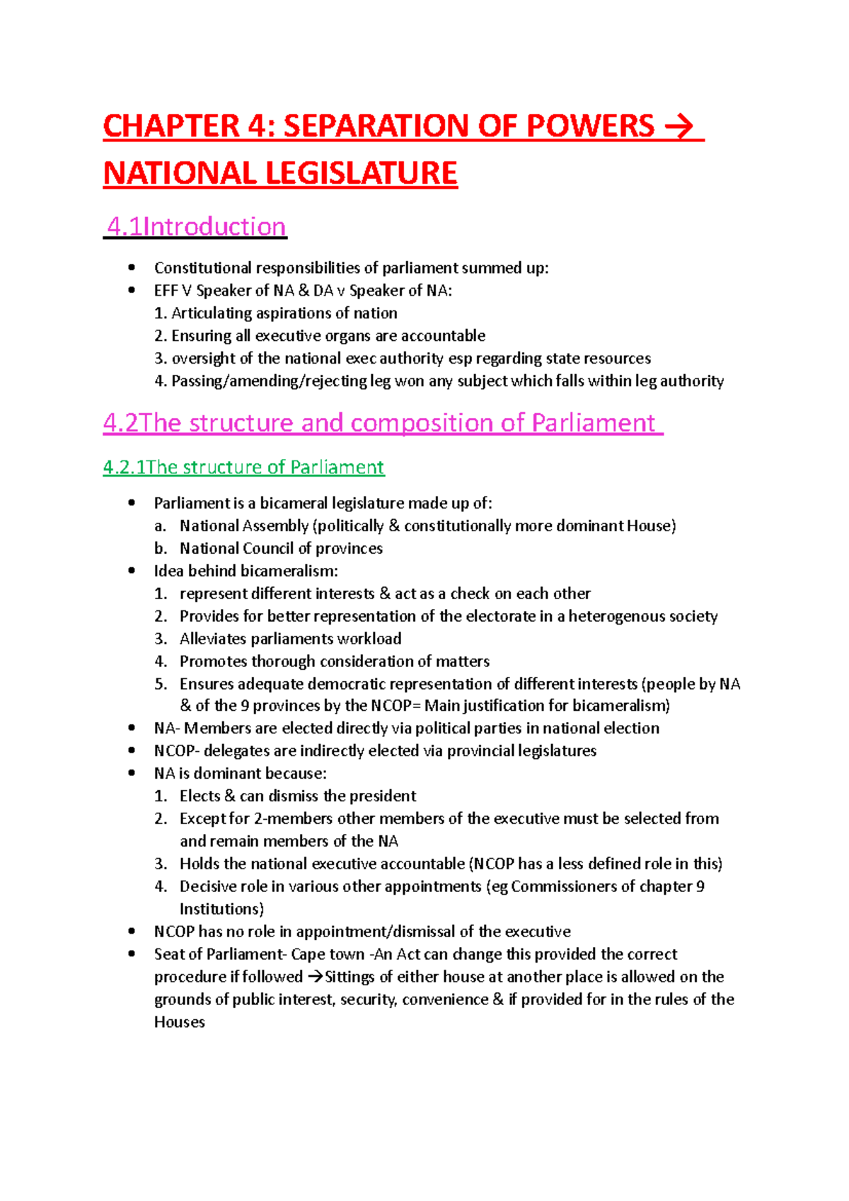 Lecture Notes: Chapter 4 - Separation of Powers in the National ...