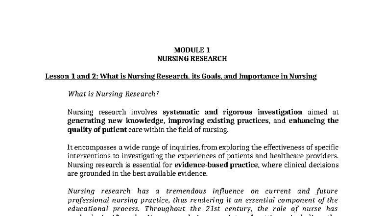NURSING RESEARCH MODULE 1 & 2: Goals, Importance, and Process - Studocu