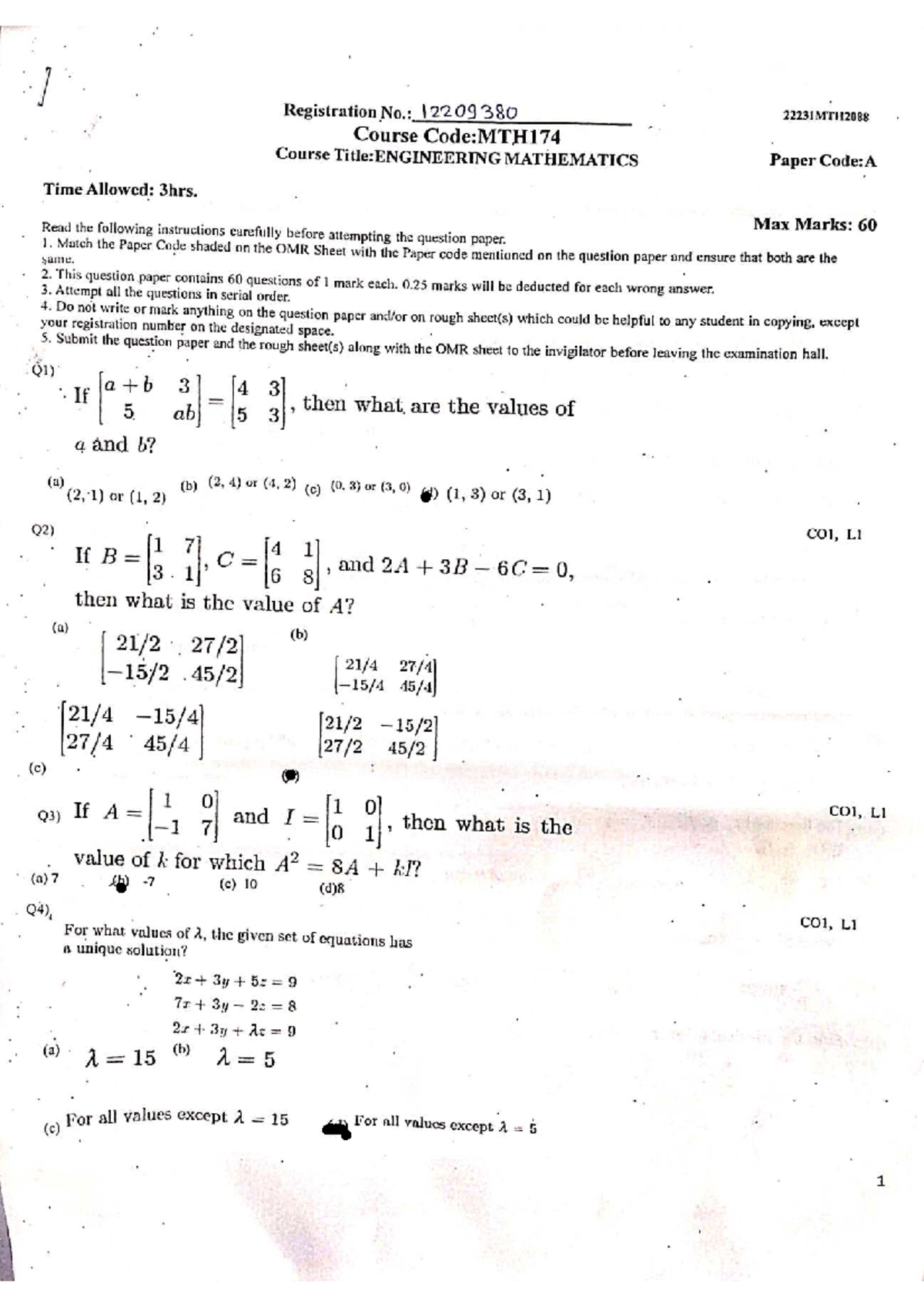 MTH174 Engineering Mathematics Final Exam Question Paper with Answers ...