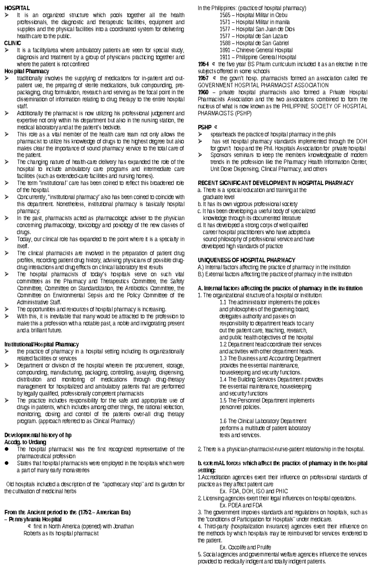 HOSP 101: Overview of Hospital Pharmacy and Its Evolution - Studocu