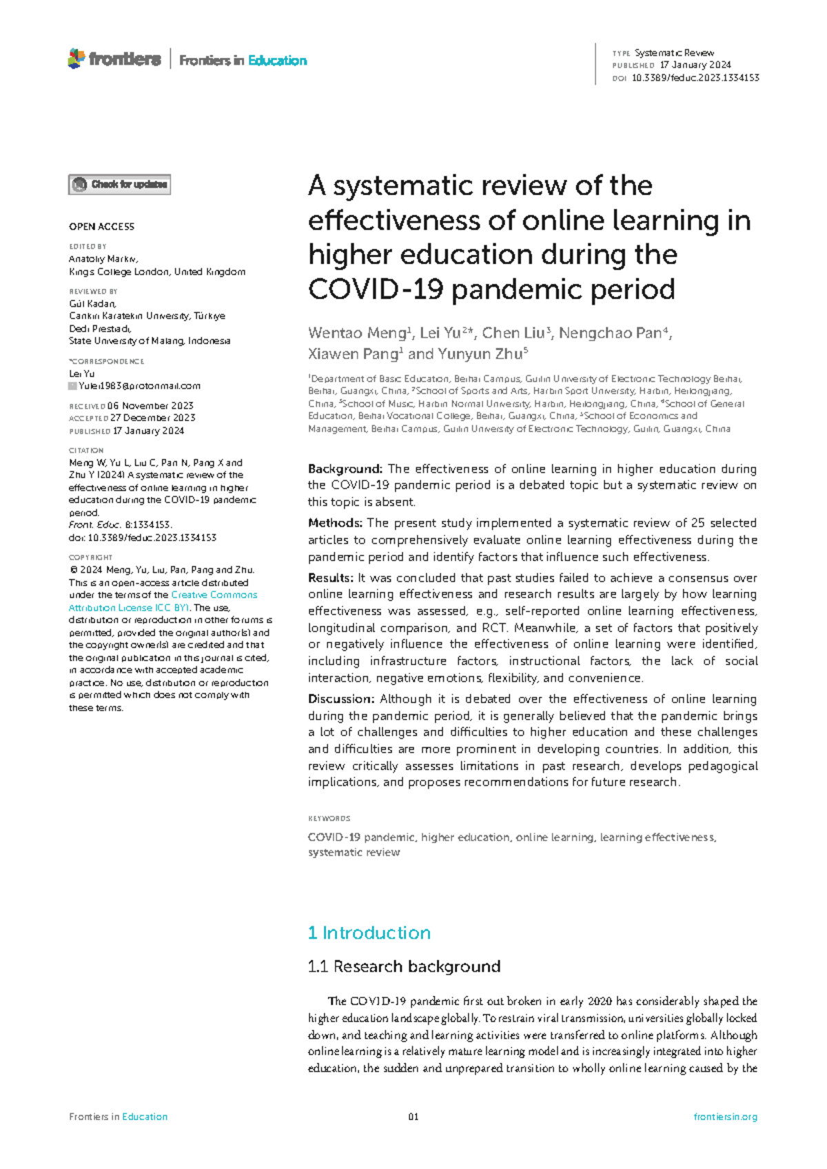 Systematic Review: Online Learning Effectiveness in Higher Ed During ...
