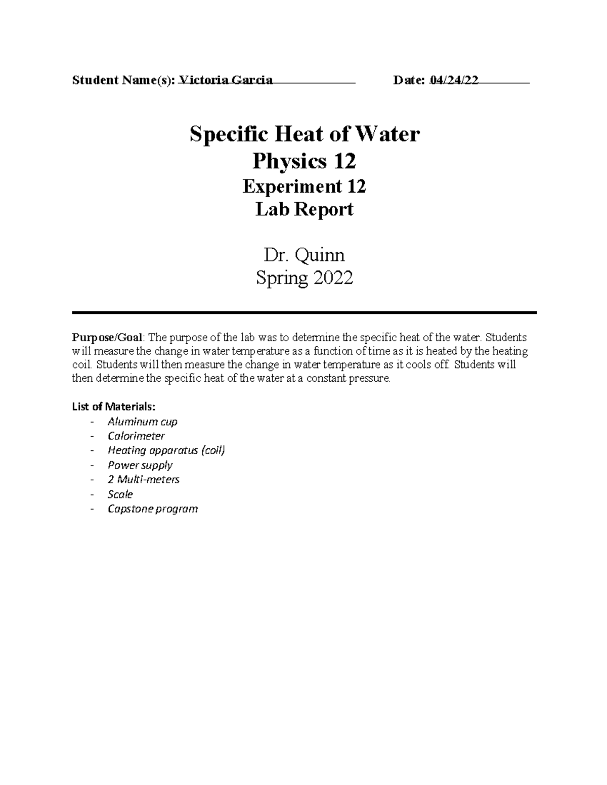 Physics 12 - Lab Report on Specific Heat of Water (Experiment 12) - Studocu