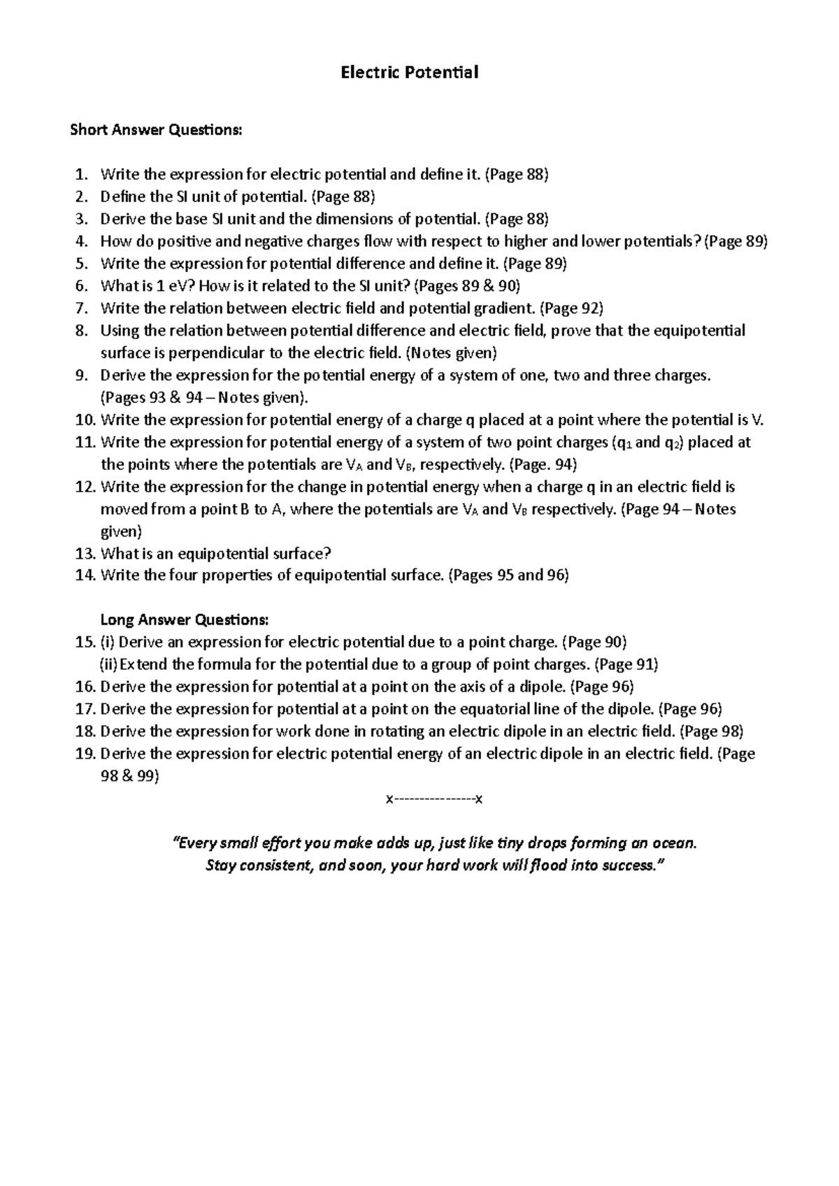 Questions on Chapter 3 - Electric Potential - Electric Potential Short ...
