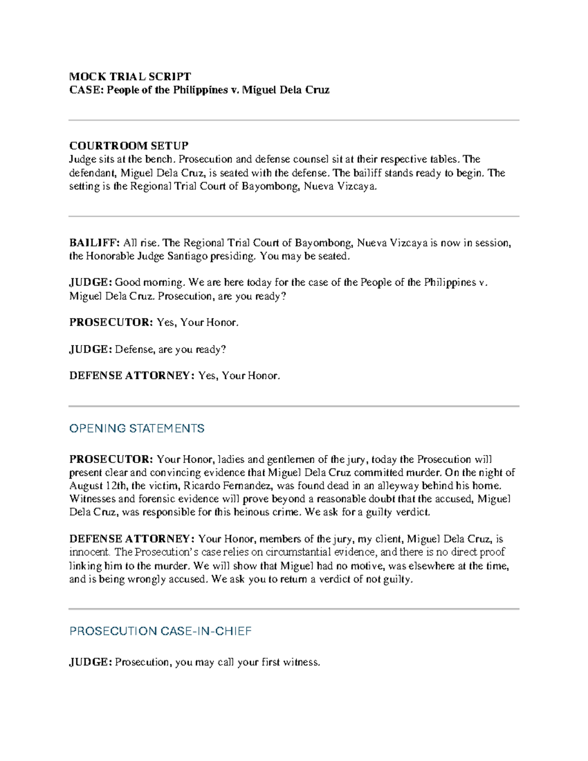 Mock Trial 2: Case of People of the Philippines v. Miguel Dela Cruz ...
