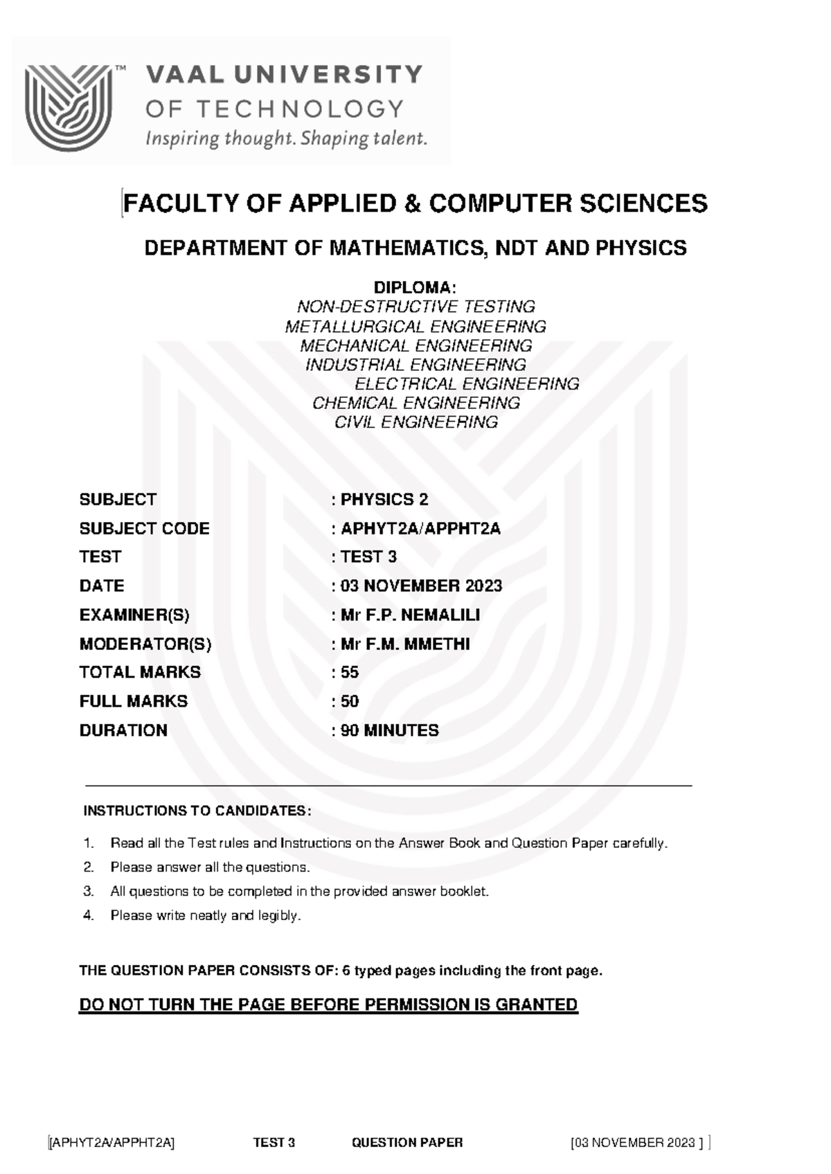 @2023 SEM 2 Physics 2 - TEST 3 Question Paper & Memo - Studocu