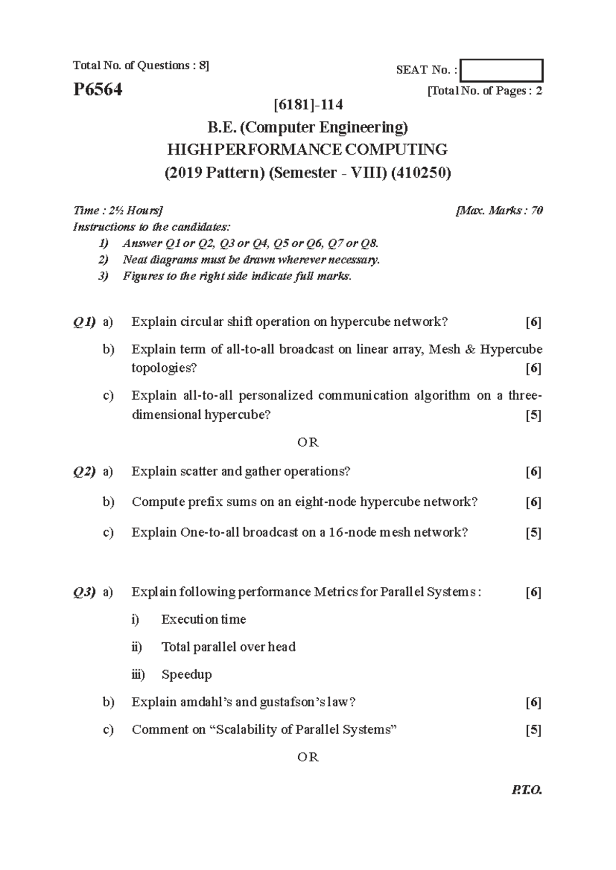 B.E. (Comp Eng) Sem 8 Nov 2023 High Performance Computing Exam P410250 ...