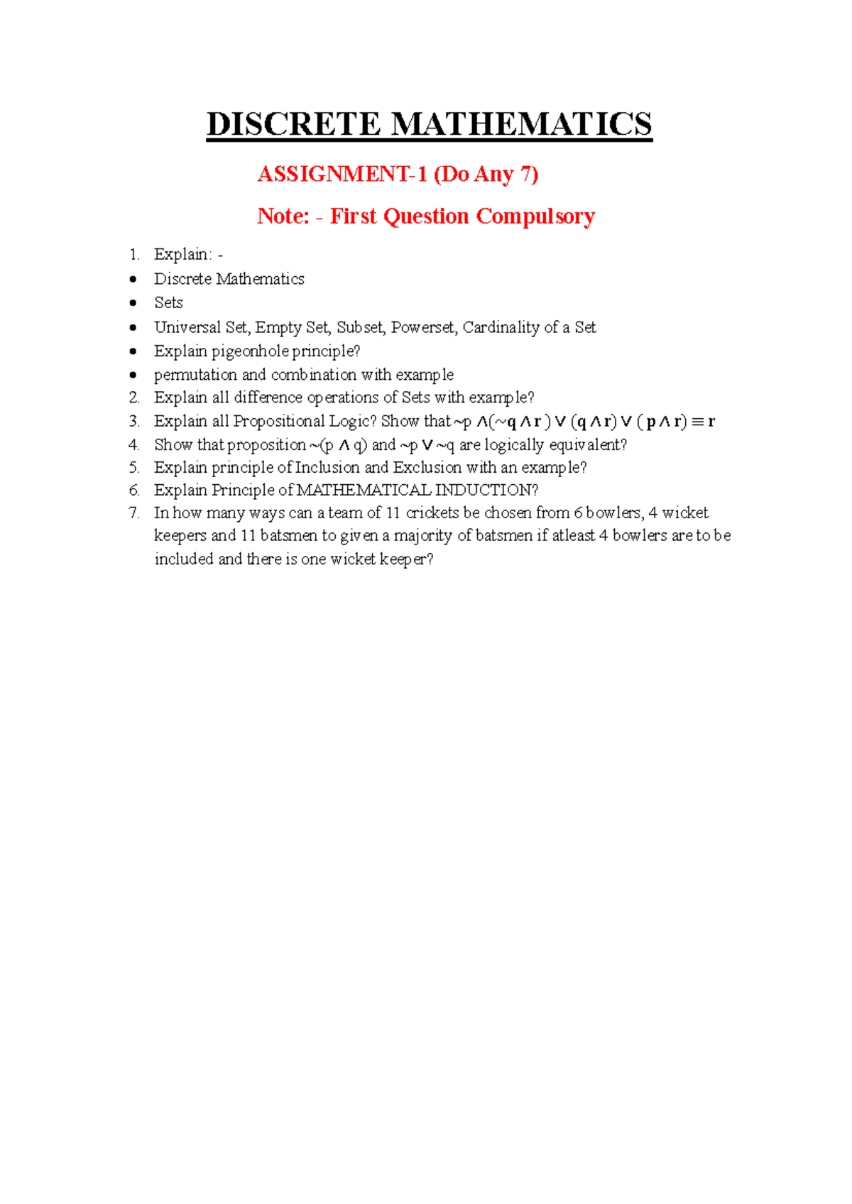 DM Assignment - good - DISCRETE MATHEMATICS ####### ASSIGNMENT-1 (Do ...