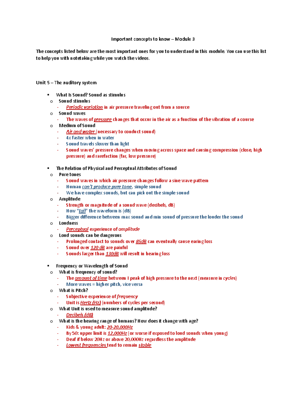 Psych 230: Key Concepts for Exam 2 - Auditory and Visual Systems - Studocu