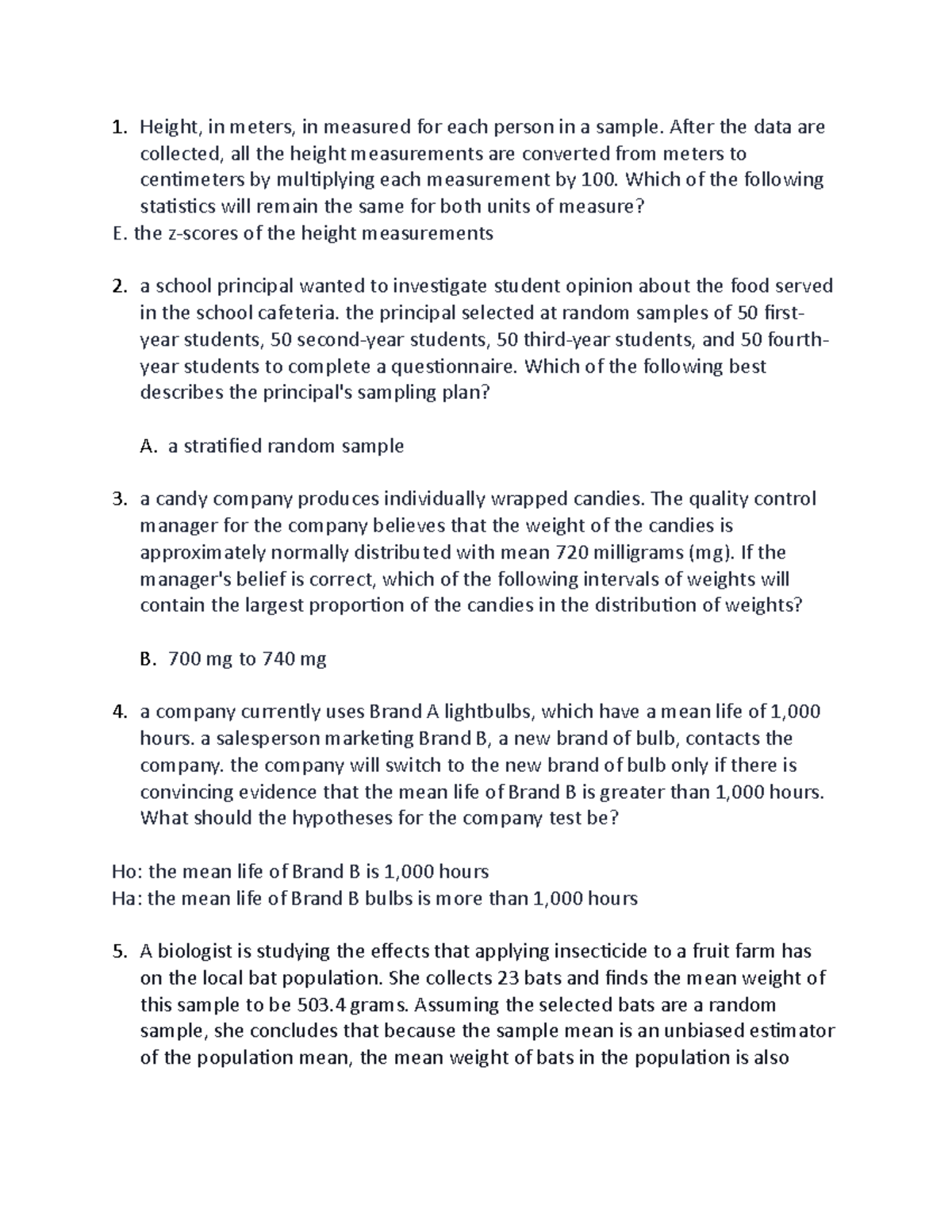 Sta 108 - Statistics Practice Questions and Analyses - Studocu