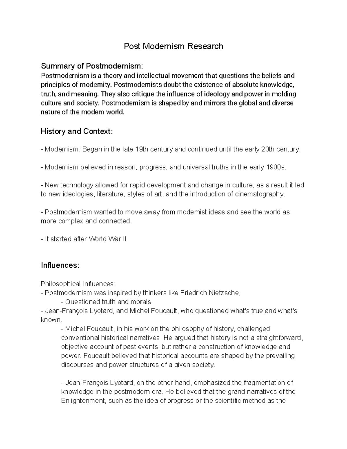 Postmodernism research summary: Key concepts and influences - Studocu