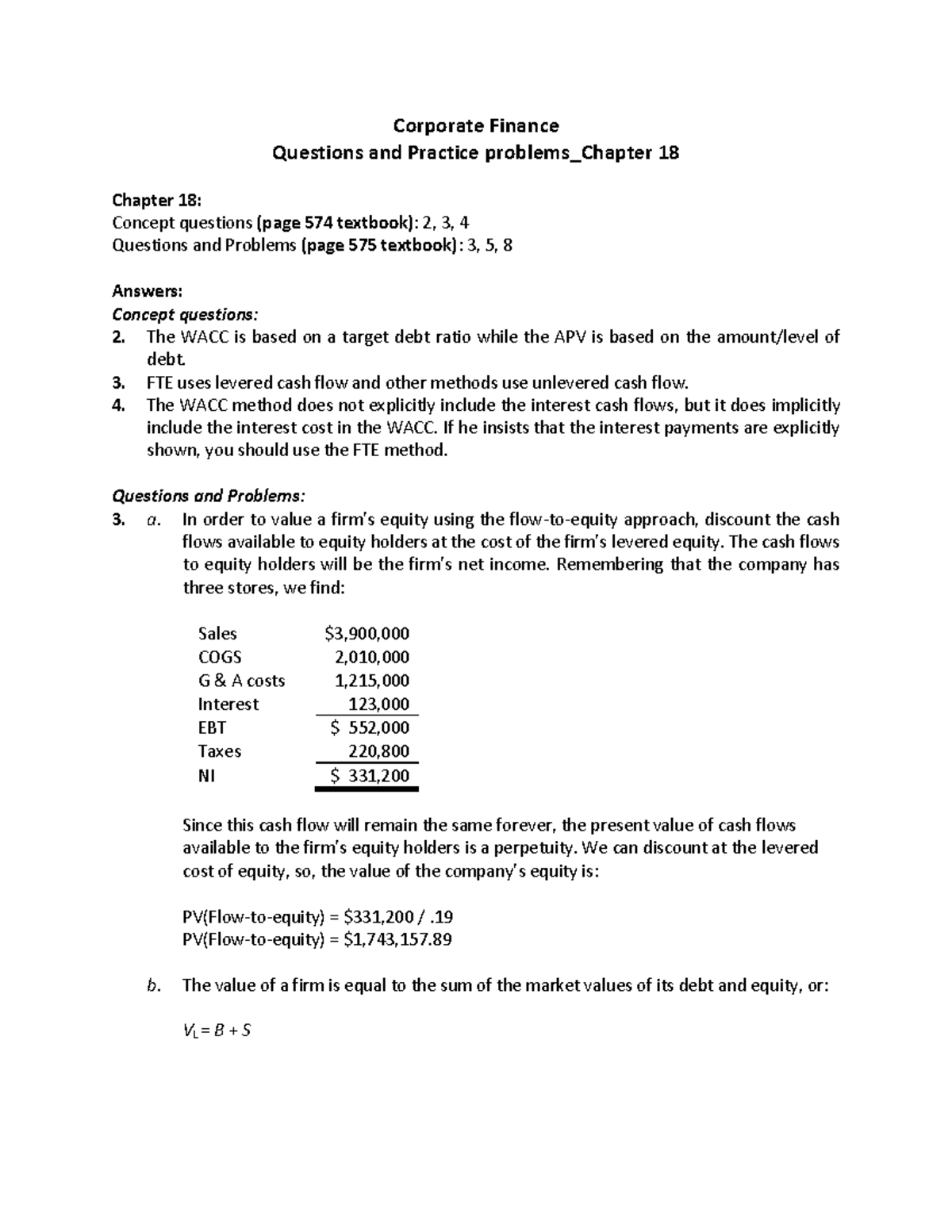Corporate Finance CF Questions &amp; Practice Problems - Chapter 18 - Studocu