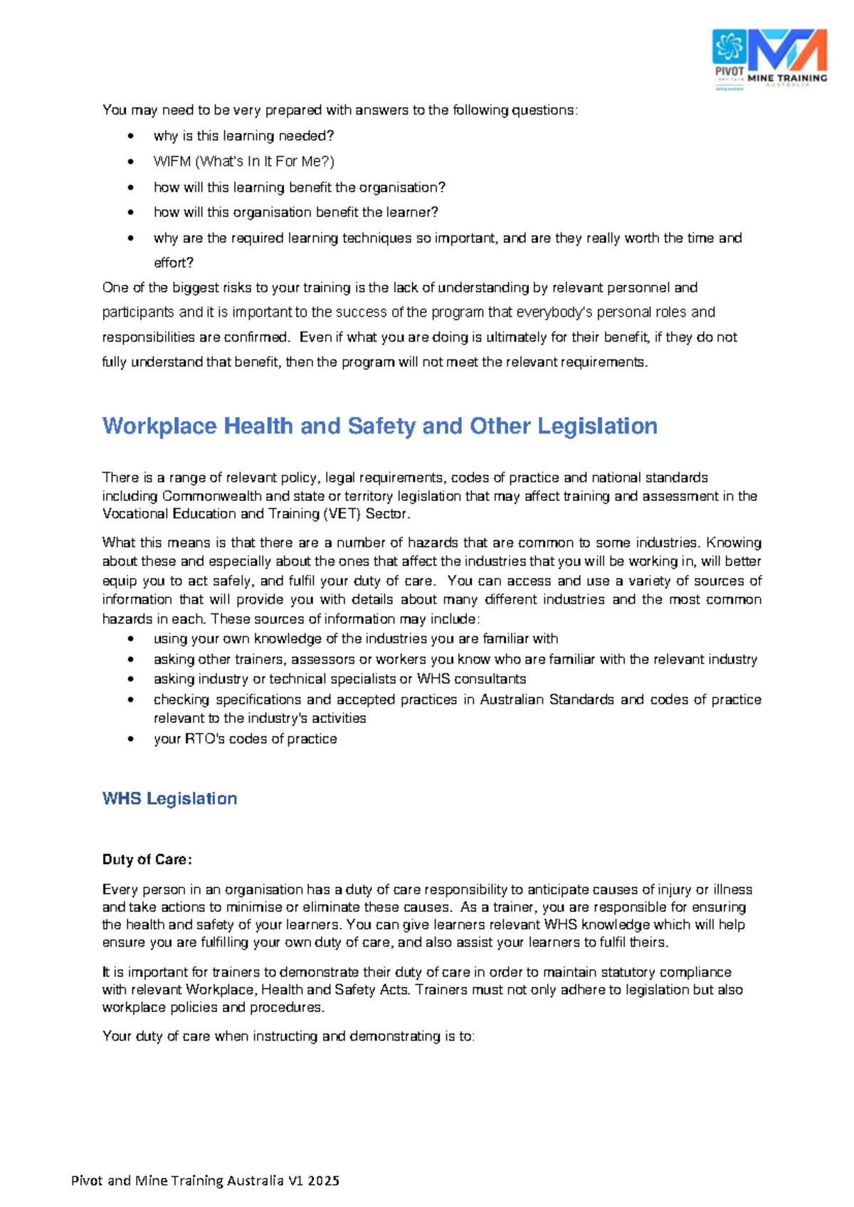 Topic 5 - WHS and Legislation Overview for VET Sector - Studocu