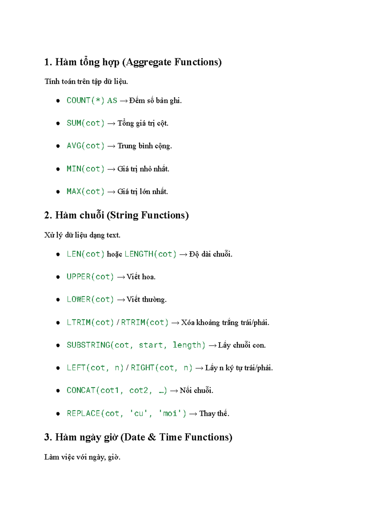 CÁC HÀM Trong SQL: Tính Toán, Chuỗi, Ngày Giờ - Studocu