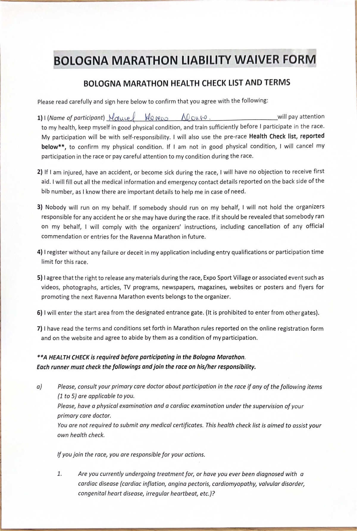 Bologna Marathon Liability Waiver & Health Checklist Form - Studocu