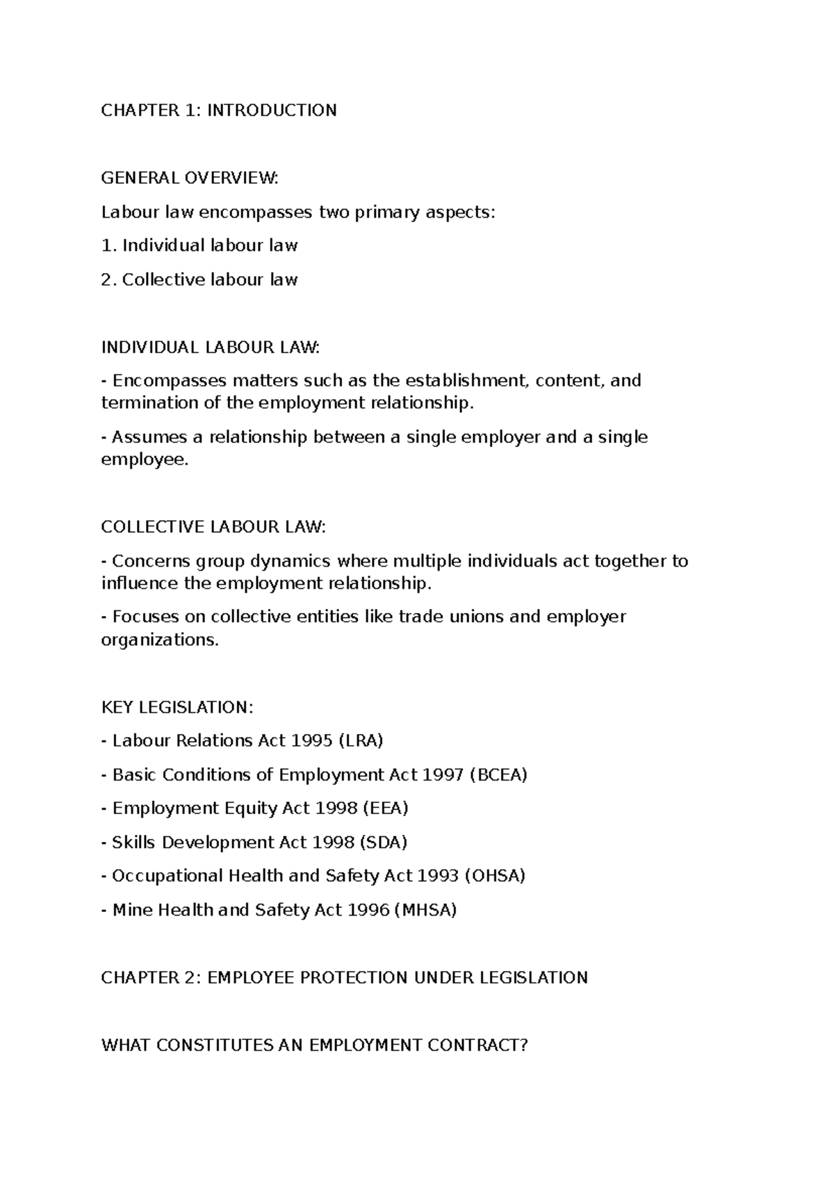 Labour Law (LL101): Summary Notes on Individual and Collective Aspects ...
