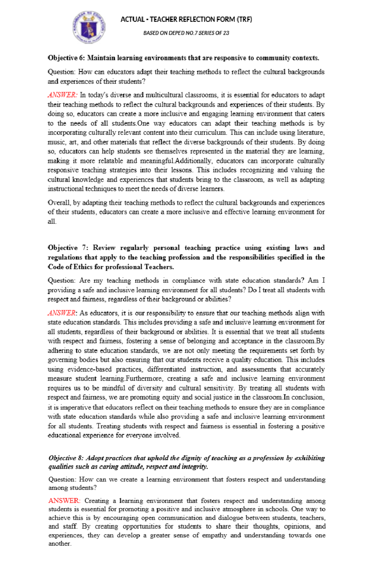 Teacher Reflection form - NO ACTUAL TEACHER REFLECTION FORM (TRF) BASED ...