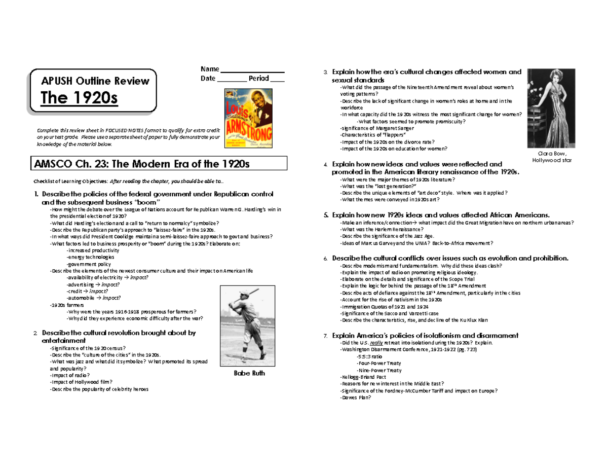 APUSH Review Outline: AMSCO Chapter 23 - The Modern Era of the 1920s ...