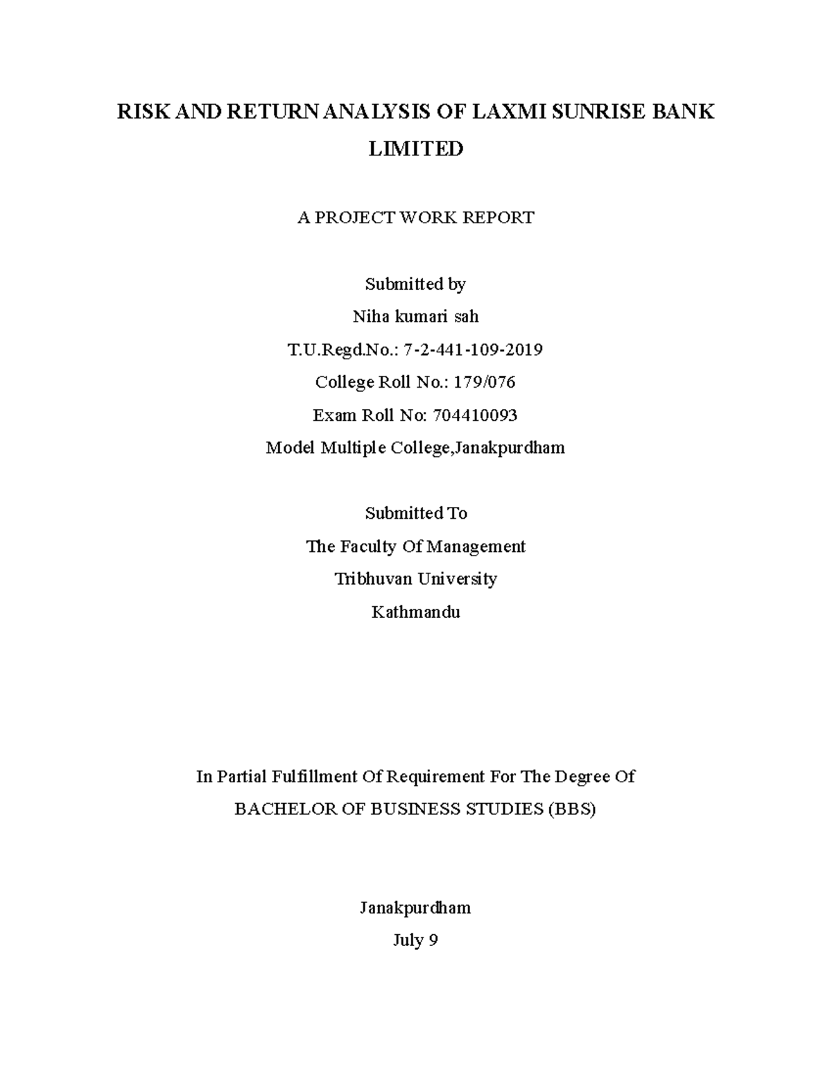 Risk and Return Analysis of Laxmi Sunrise Bank Limited (BBS Project) - Document Preview