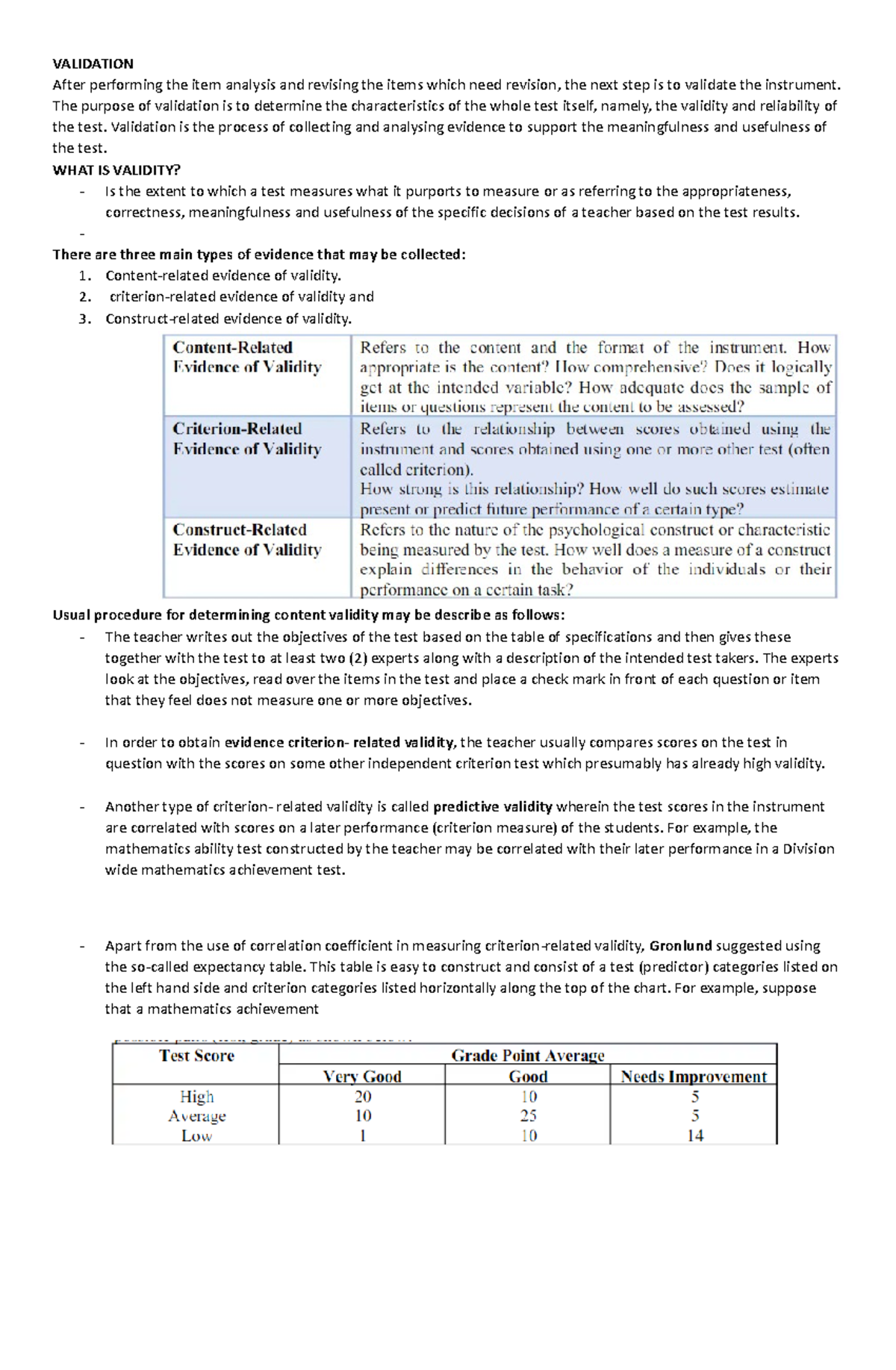 Validity - VALIDATION After performing the item analysis and revising ...