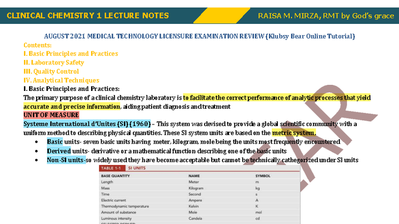 CLINICAL CHEMISTRY 1 LECTURE NOTES - RAISA M. MIRZA, RMT (AUG 2021 ...