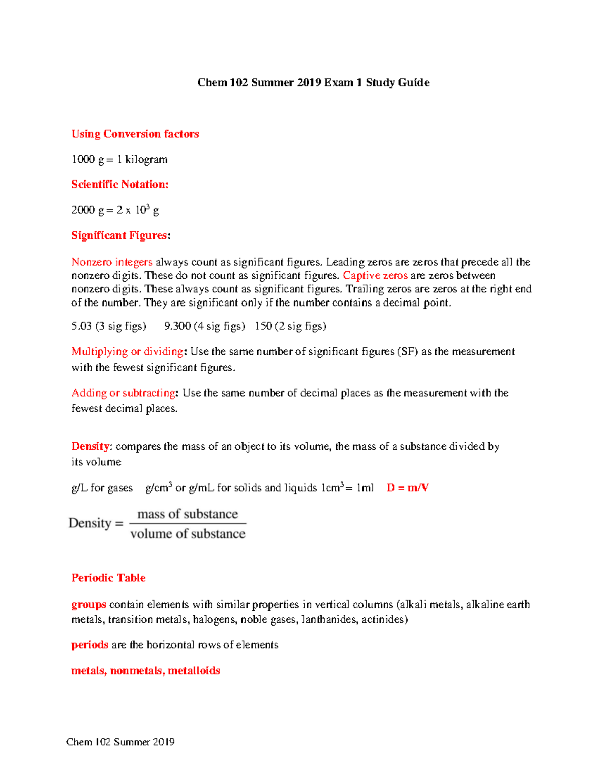 Exam 1 Study Guide(1) - Lecture notes 1-7 - Chem 102 Summer 2019 Exam 1 ...