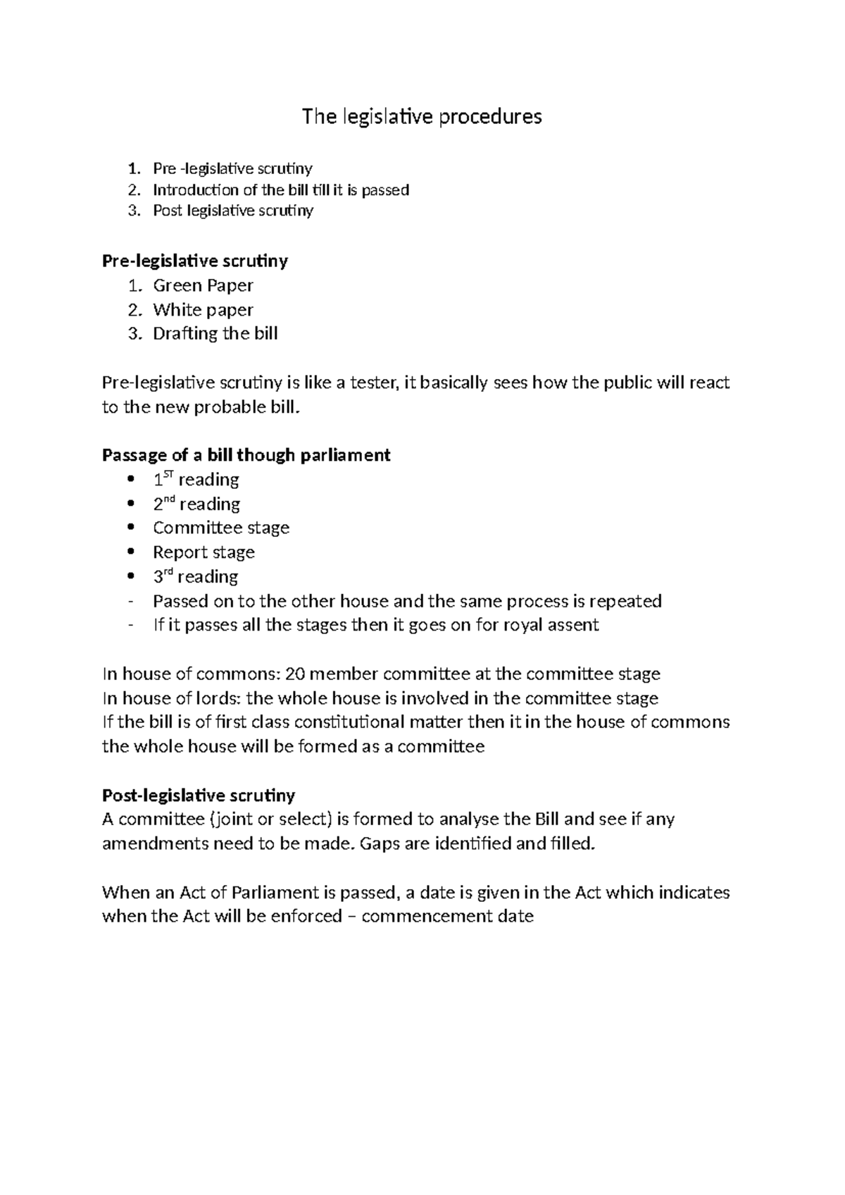 Public law term 2 notes - The legislative procedures 1. Pre ...
