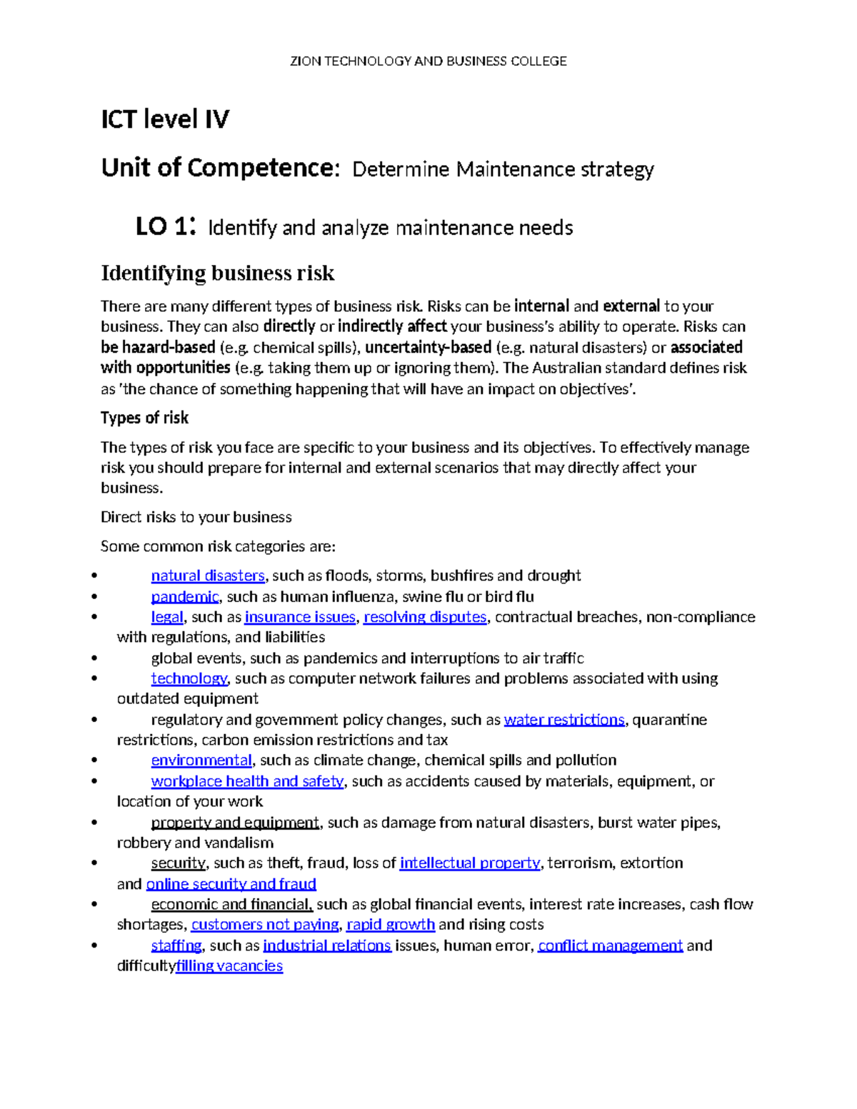 ICT Level IV: Determine Maintenance Strategy & Manage Business Risks ...
