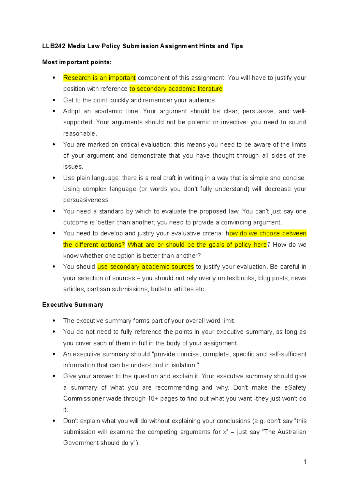 LLB242 Media Law Policy Submission: Hints & Tips for Success - Studocu